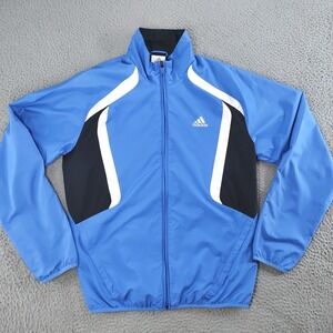 Adidas Track Windbreaker Jacket Mens Medium Blue Three Stripes Full Zip Athletic